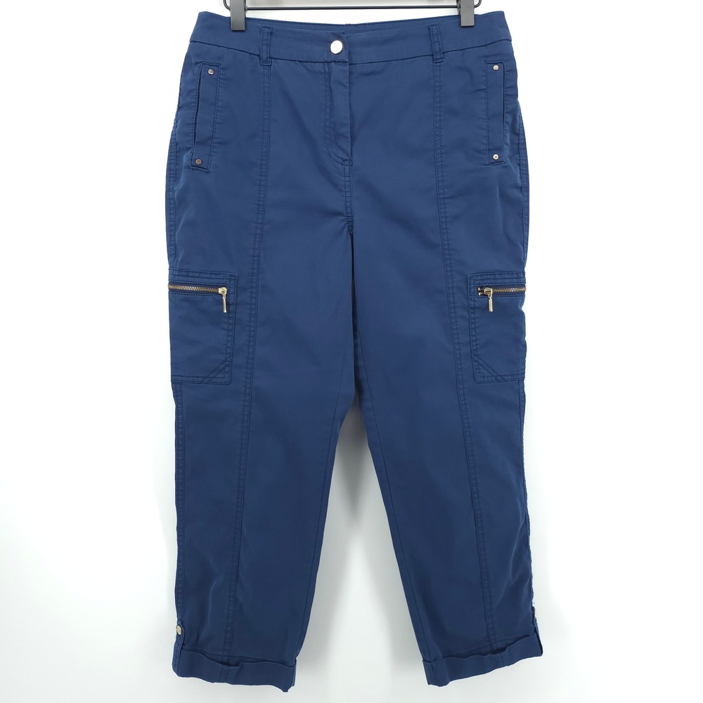 Chico's Crop Women Cargo Pants 0 (US 4) Navy Blue Utility Gold Zip Pocket